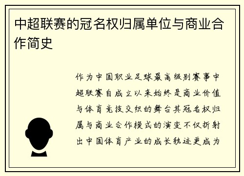 中超联赛的冠名权归属单位与商业合作简史