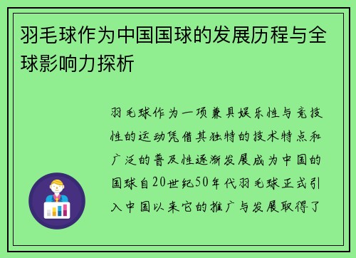 羽毛球作为中国国球的发展历程与全球影响力探析