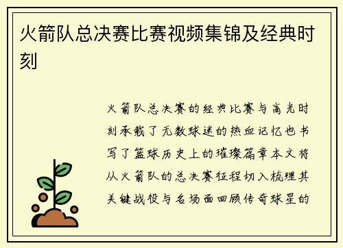 火箭队总决赛比赛视频集锦及经典时刻